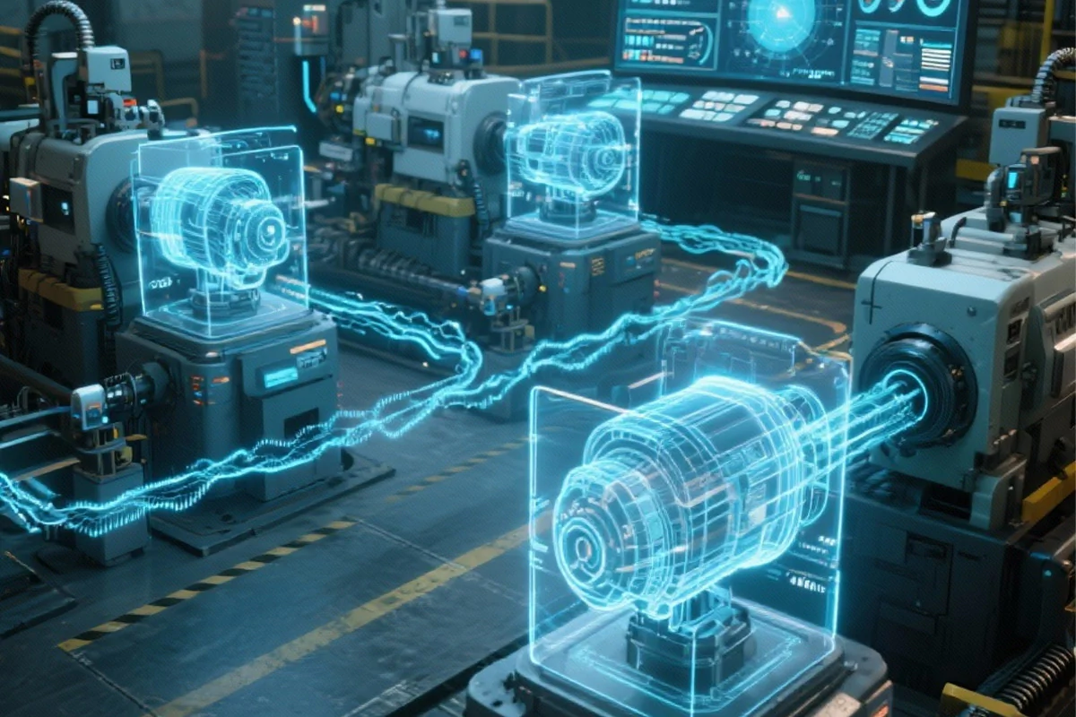 Bildbeschreibung / description: Industrielle Roboter in einer Fabrik, umgeben von blauen Lichtern, die eine moderne Produktionsumgebung darstellen.