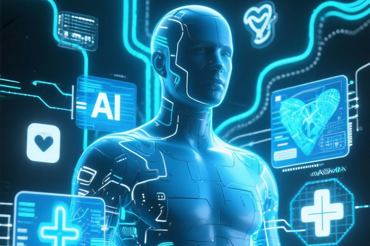 Bildbeschreibung / description: Die Zukunft des Gesundheitswesens ist KI, dargestellt durch futuristische Grafiken und digitale Technologien.