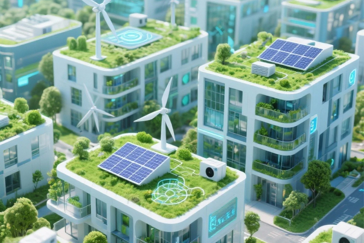 Bildbeschreibung / description: Eine Stadt mit begrünten Dächern und Windturbinen, die nachhaltige Architektur und erneuerbare Energien symbolisiert.