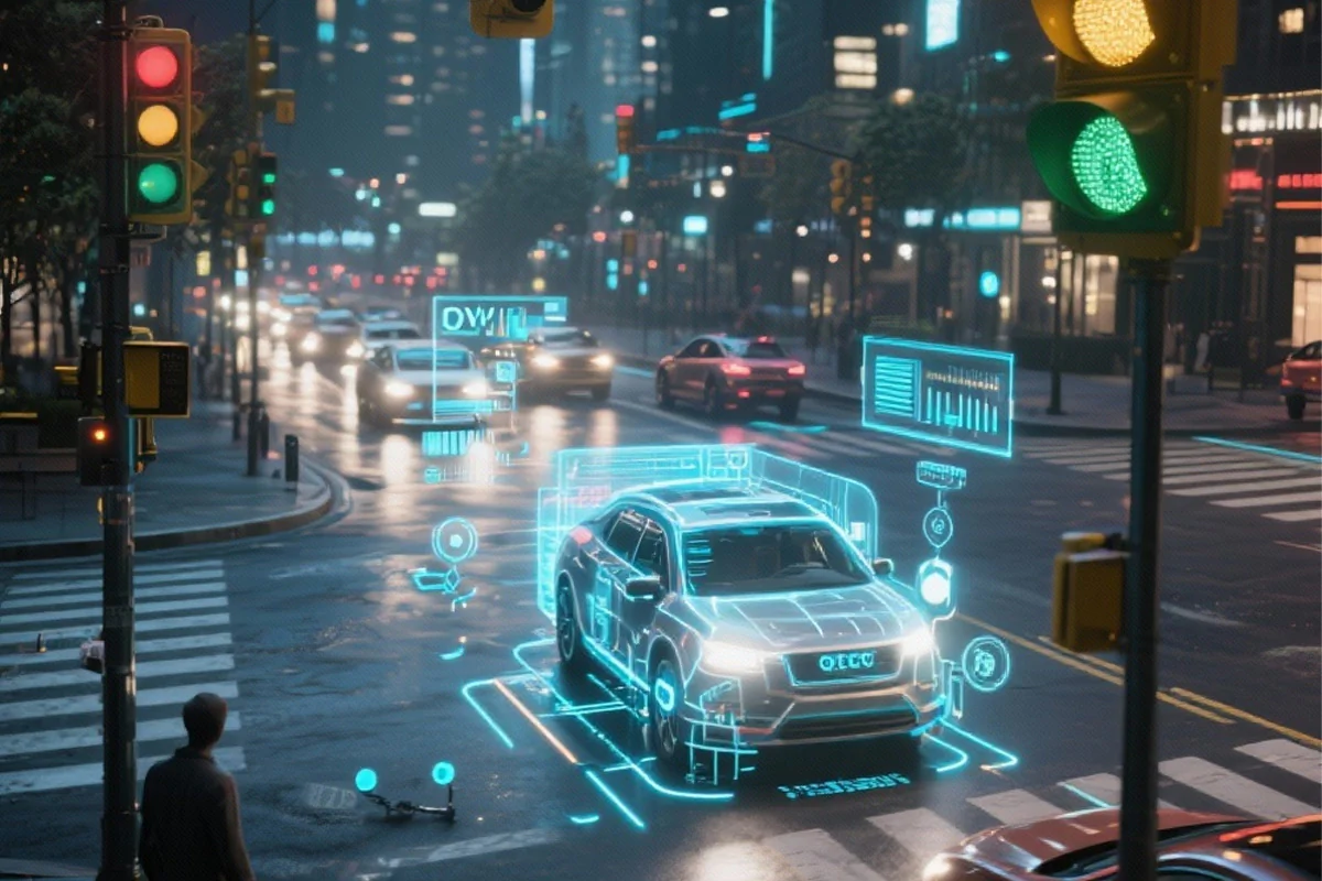 Bildbeschreibung / description: Autonome Fahrzeuge fahren auf einer Straße, umgeben von urbaner Landschaft und anderen Verkehrsteilnehmern.