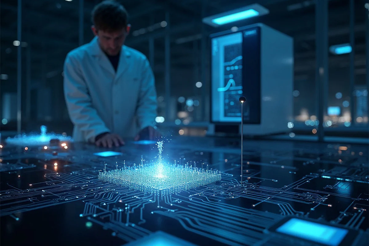 Bildbeschreibung / description: Ein Mann im Laborkittel arbeitet an einer Leiterplatte.