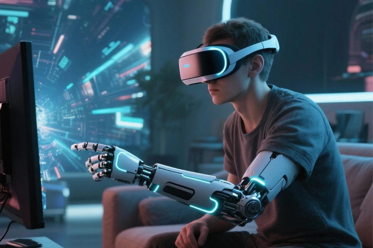 Bildbeschreibung / description: Ein Mann trägt ein VR-Headset und will einen Computer mit der Hand berühren.