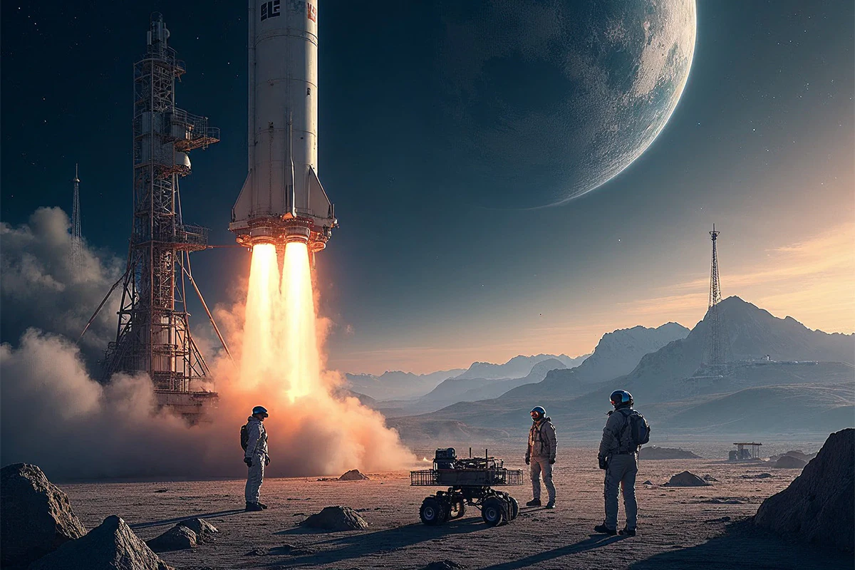 Bildbeschreibung / description: Eine Gruppe von Menschen steht vor einer Rakete und blickt neugierig in die Höhe.