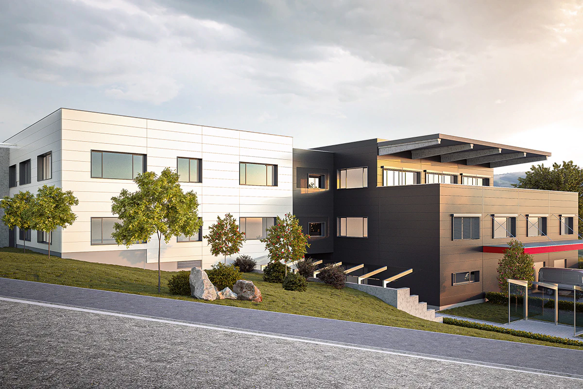 Das neue Gebäude von Analytik Jena in Ilmenau mit Blick auf den Thüringer Wald.