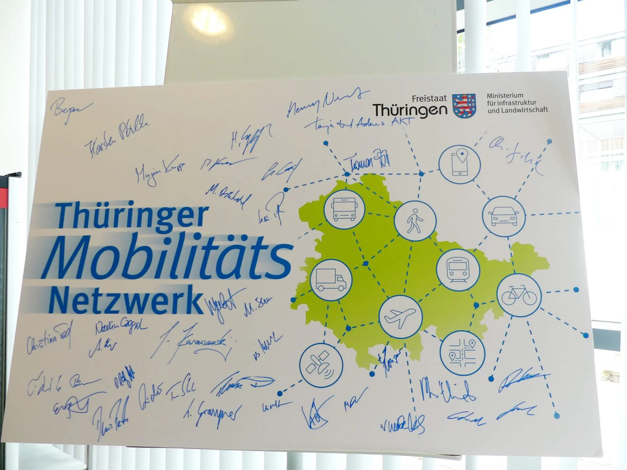 Logo des Thüringer Mobilitätsnetzwerks auf eine Board mit den Unterschriften der Teilnehmer