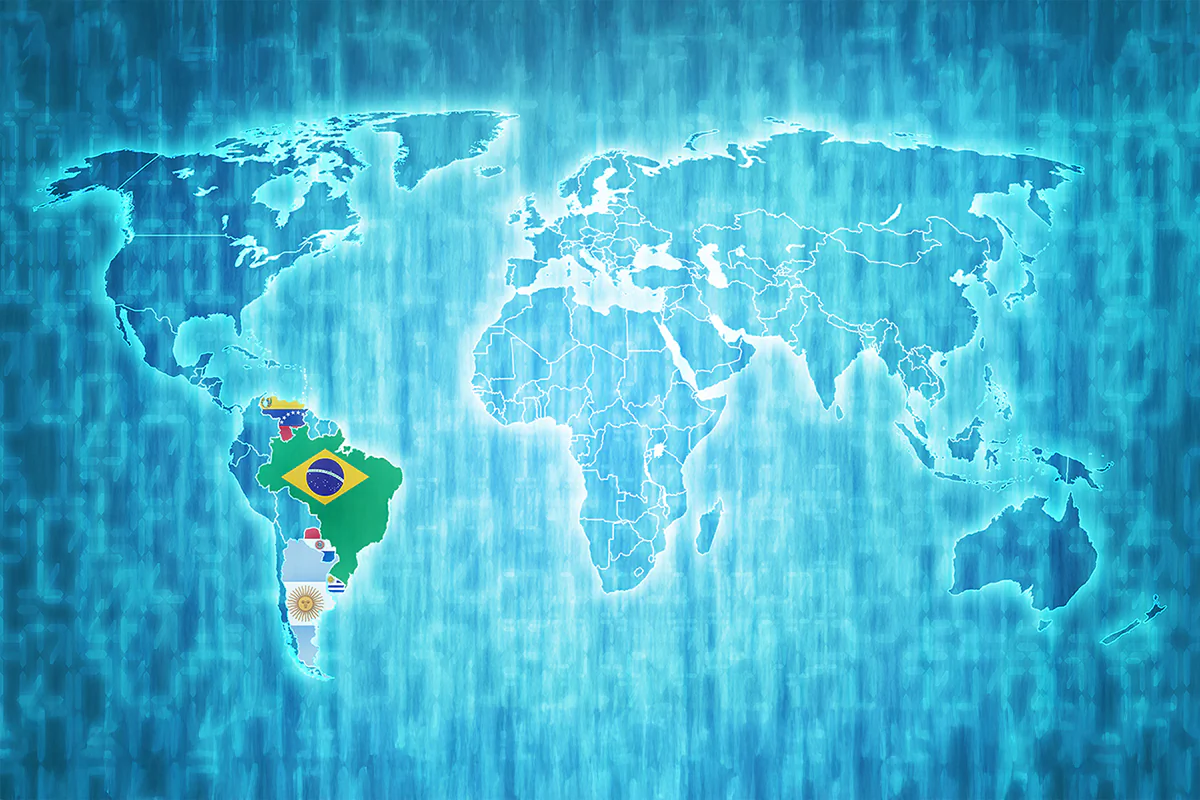 Bild: michal812 / istockphoto.com Flaggen der Mercosur-Mitglieder auf einer blauen digitalen Weltkarte